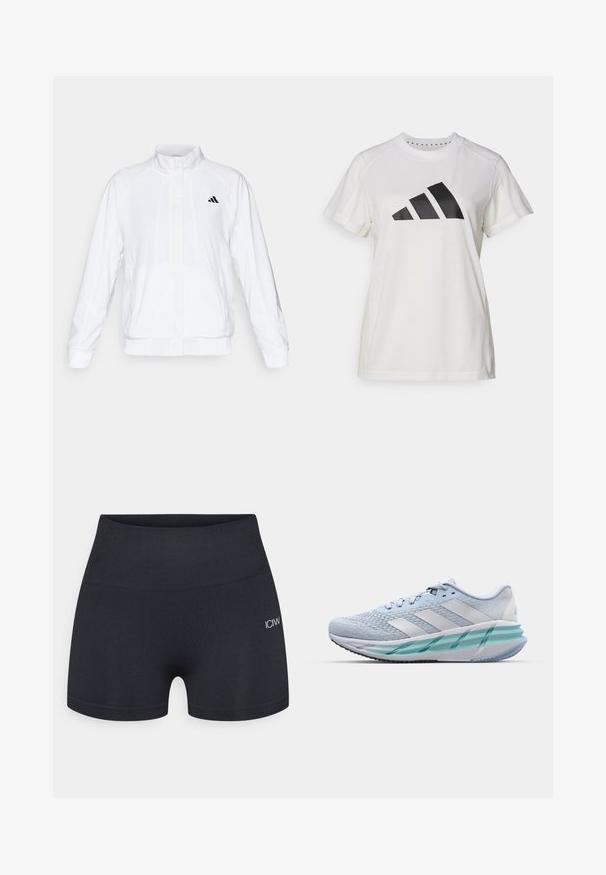Chaqueta deportiva blanca con cuello alto, mangas largas y cierre de cremallera frontal. Presenta un logo negro en la parte superior izquierda. Textura suave.; Camiseta atlética blanca de tejido suave. Presenta mangas cortas y un gran logotipo negro de Adidas con tres rayas debajo.; Pantalones cortos ajustados negros hechos de material elástico, con una cinturilla ancha y un detalle sutil del logo en el lateral. Textura de superficie suave.; Zapatillas deportivas azul claro con un upper de punto texturizado, acentos blancos y una suela intermedia verde transparente. Punta redondeada y cuello acolchado.