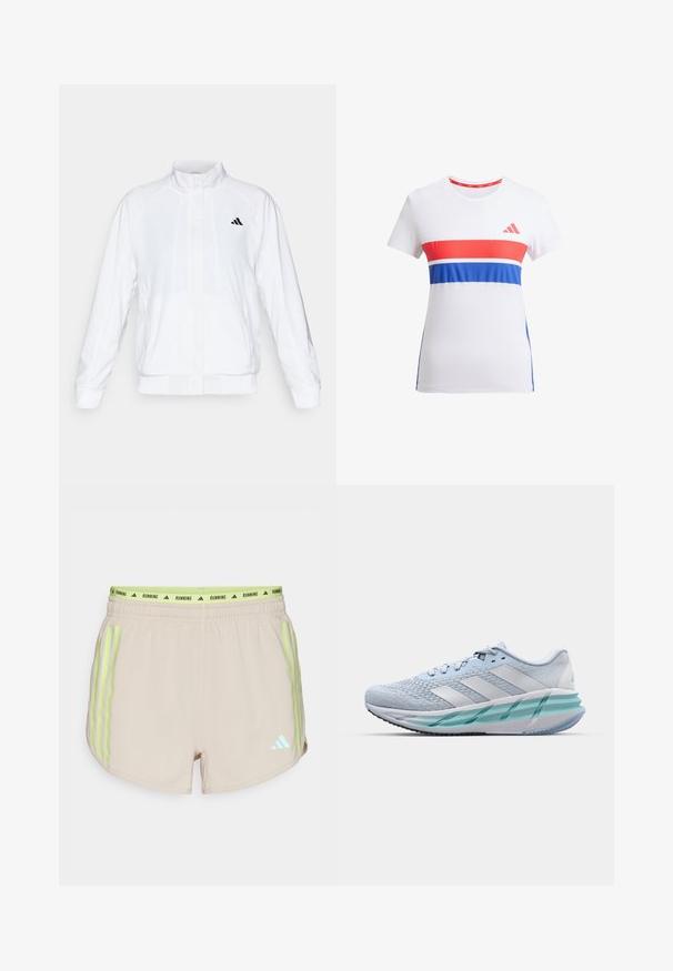 Chaqueta deportiva blanca con cuello alto, mangas largas y cierre de cremallera frontal. Presenta un logo negro en la parte superior izquierda. Textura suave.; Camiseta atlética blanca con rayas horizontales rojas y azules, cuello redondo, mangas cortas y un logo en el pecho.; Shorts de correr beige con cinturilla y franjas laterales en verde neón. Presenta un detalle de logo en azul en un lado. Tejido ligero con una textura suave.; Zapatillas deportivas azul claro con un upper de punto texturizado, acentos blancos y una suela intermedia verde transparente. Punta redondeada y cuello acolchado.