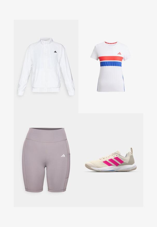 Bijela atletska jakna s uzdignutim ovratnikom, dugim rukavima i patentnim zatvaračem sprijeda. Ima crni logo na gornjem lijevom dijelu. Glatka tekstura.; Bijela atletska majica s crvenim i plavim horizontalnim prugama, okruglim izrezom, kratkim rukavima i logom na prsima.; Elastične, lavanda biciklističke hlače s visokim strukom. Sadrže ravne šavove i bočnu džep. Uočljiv Adidas logo u bijeloj boji na donjoj lijevoj strani.; Bež sportska cipela s ružičastim logotipom u obliku tri pruge, gornjište od teksturirane mrežice, podstavljeni ovratnik i bijela gumena đon, s "LIGHTSTRIKE" brendom.