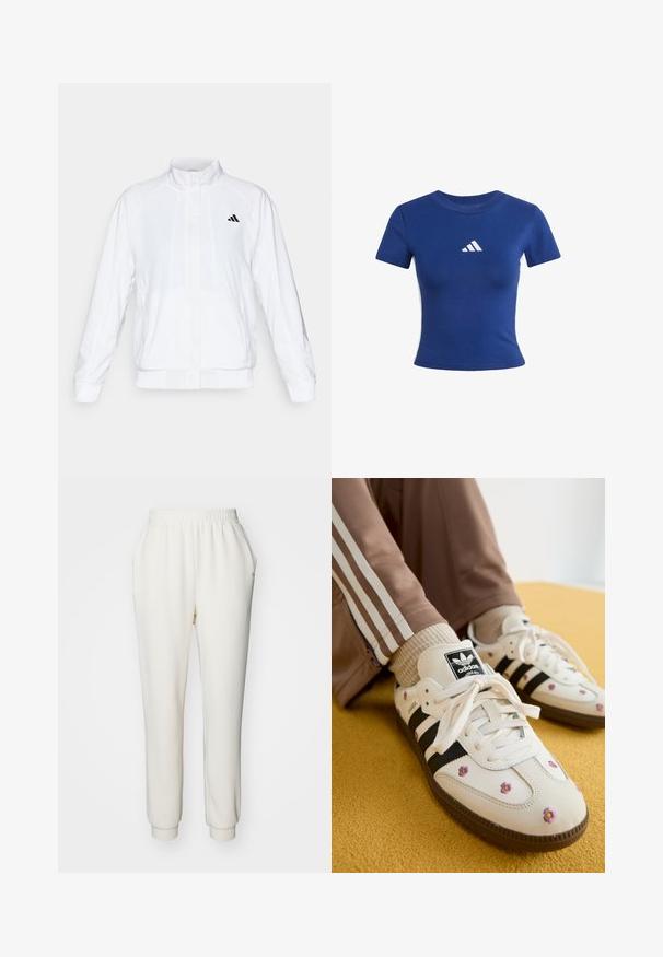 Biała sportowa kurtka z kołnierzem stójkowym, długimi rękawami i zapięciem na zamek. Posiada czarne logo po lewej stronie u góry. Gładka tekstura.; Niebieska bawełniana koszulka z krótkim rękawem, z białym logo Adidas na piersi i kontrastującymi białymi panelami bocznymi.; Białe, zwężane dresowe spodnie z miękkiego materiału, z elastycznym pasem i ściągaczami na kostkach. Posiada boczne kieszenie dla wygody.; Białe skórzane sneakersy z trzema czarnymi paskami i haftem w kwiaty w kolorze fioletowym i żółtym. Brązowa gumowa podeszwa. Połączone z beżowymi skarpetkami w prążki.