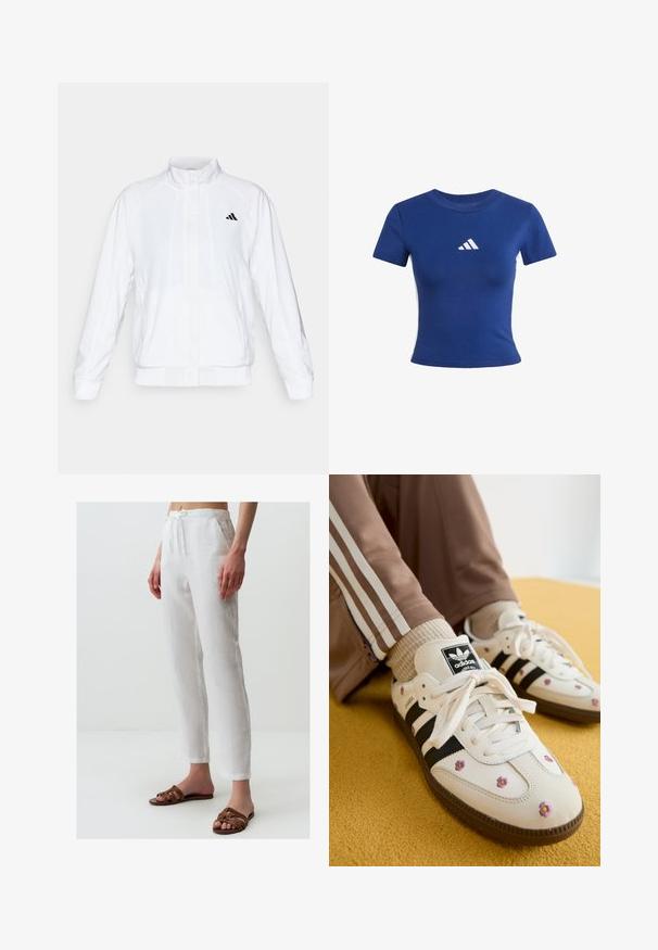 Weiße Sportjacke mit Stehkragen, langen Ärmeln und Reißverschluss vorne. Mit einem schwarzen Logo auf der oberen linken Seite. Glatte Textur.; Blaues Baumwoll-T-Shirt mit kurzen Ärmeln, das ein weißes Adidas-Logo auf der Brust und kontrastierende weiße Seitenpaneele aufweist.; Weiße Leinenhose mit elastischem Bund, ausgestattet mit Taschen und einem lockeren Sitz. Kombiniert mit braunen Riemchensandalen. Glatte Textur.; Weiße Leder-Sneaker mit drei schwarzen Streifen und floralem Stickereien in Lila und Gelb. Braune Gummisohle. Kombiniert mit beigen gerippten Socken.