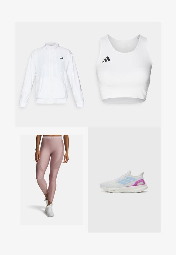 Biela športová bunda so stojatým golierom, dlhými rukávmi a zipsom vpredu. Obsahuje čierne logo na hornej ľavej strane. Hladká textúra.; Biely športový crop top vyrobený z hladkej látky, s okrúhlym výstrihom a čiernym logom na ľavej strane.; Svetloružové športové legíny vyrobené z elastického materiálu. Majú vysoký pás s bielym brandingom a textúrované panely po stranách.; adidas Performance PUREBOOST 5 - Cestná bežecká obuv - white/glow blue/purple burst