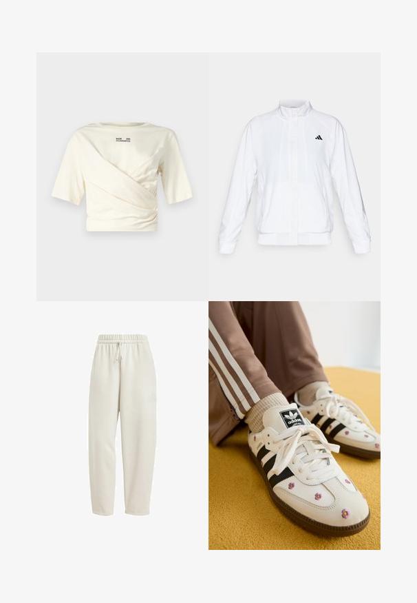 White athletic jacket with a stand-up collar, long sleeves, and a zip front. Features a black logo on the upper left side. Smooth texture.; Cream short-sleeve top with a draped design, featuring a round neckline and visible black logo print on the back. Soft fabric texture.; Light beige sweatpants made from soft fabric, featuring an elastic waistband with a drawstring and a subtle logo accent on the side.; White leather sneakers with three black stripes and floral embroidery in purple and yellow. Brown rubber sole. Paired with beige ribbed socks.