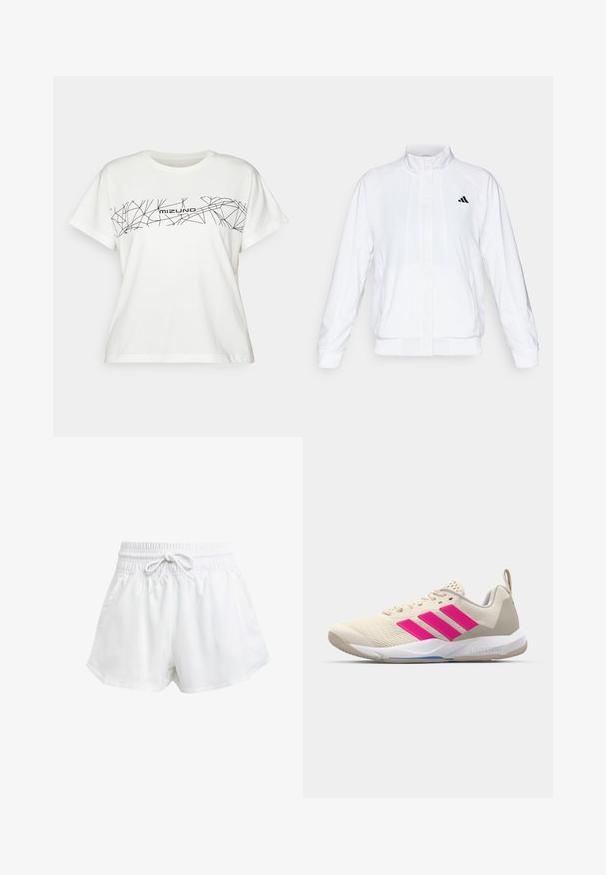 Witte sportieve jack met een opstaande kraag, lange mouwen en een rits aan de voorkant. Heeft een zwart logo op de bovenste linkerzijde. Glad textuur.; Witte T-shirt met korte mouwen van katoen, met een zwart geometrisch ontwerp en de tekst "Mizuno" over de borst. Normale pasvorm, ronde hals.; Witte sportieve shorts met een elastische tailleband en verstelbaar trekkoord. Gemaakt van lichtgewicht materiaal, met zijzakken en een losse pasvorm.; Beige sportshoe met een roze drie-strepen logo, een textuur-mesh bovenkant, een gevoerde kraag en een witte rubberen zool, met "LIGHTSTRIKE" branding.