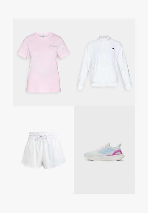 Valge spordijakk, millel on püsti krae, pikad varrukad ja lukuga eesmine osa. Ülemisel vasakul küljel on must logo. Sile tekstuur.; Roosa puuvillane t-särk lühikeste varrukatega, millel on vasakul rinnal tagasihoidlik sinine "Champion" logo ja ümmargune kaelus.; Valged spordilühikesed püksid elastse vöökoha ja reguleeritava paelaga. Valmistatud kergest materjalist, küljetaskudega ja lõdva istuvusega.; adidas Performance PUREBOOST 5 - Maanteejooksu jalatsid - white/glow blue/purple burst