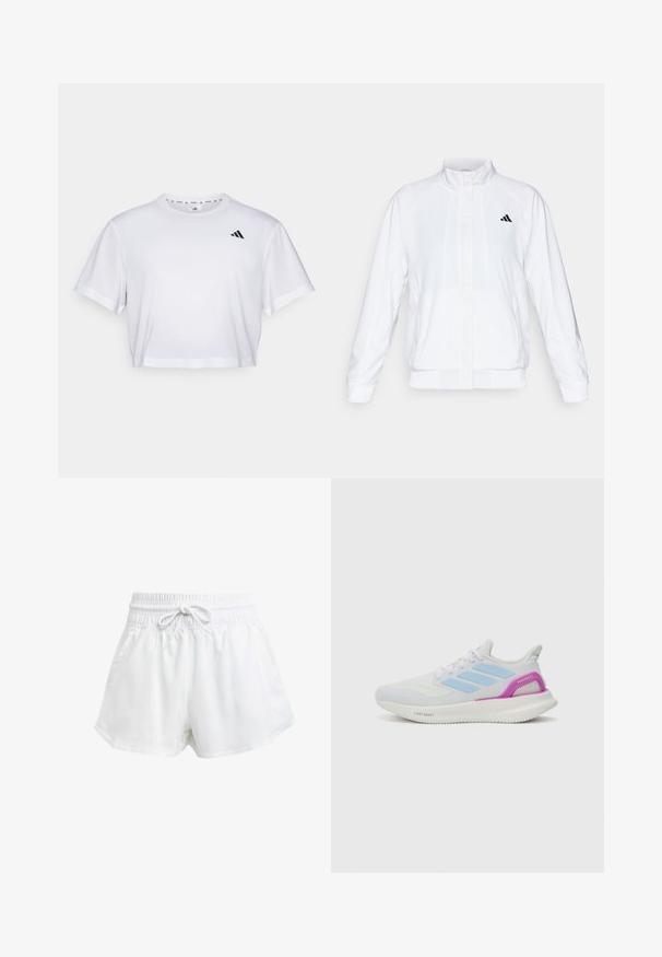 Casaco atlético branco com colarinho alto, mangas longas e fecho à frente com zip. Apresenta um logotipo preto no lado superior esquerdo. Textura suave.; T-shirt branca corta feita de tecido suave, com mangas curtas e decote redondo. Logotipo preto no lado esquerdo do peito.; Calções de desporto brancos com um cós elástico e cordão ajustável. Feitos de material leve, apresentam bolsos laterais e um corte largo.; adidas Performance PUREBOOST 5 - Sapatos para corrida em estrada - white/glow blue/purple burst