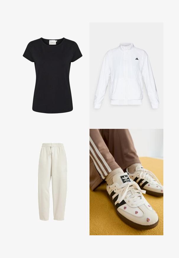 Witte sportieve jack met een opstaande kraag, lange mouwen en een rits aan de voorkant. Heeft een zwart logo op de bovenste linkerzijde. Glad textuur.; Zwarte korte mouwen t-shirt gemaakt van gladde katoenstof. Voorzien van een ronde hals en een getailleerde pasvorm. Geen patronen of extra details.; Licht beige sweatpants gemaakt van zachte stof, met een elastische tailleband en een trekkoord, en een subtiele logo-accent aan de zijkant.; Witte leren sneakers met drie zwarte strepen en bloemenborduurwerk in paars en geel. Bruine rubberen zool. Gecombineerd met beige geribde sokken.
