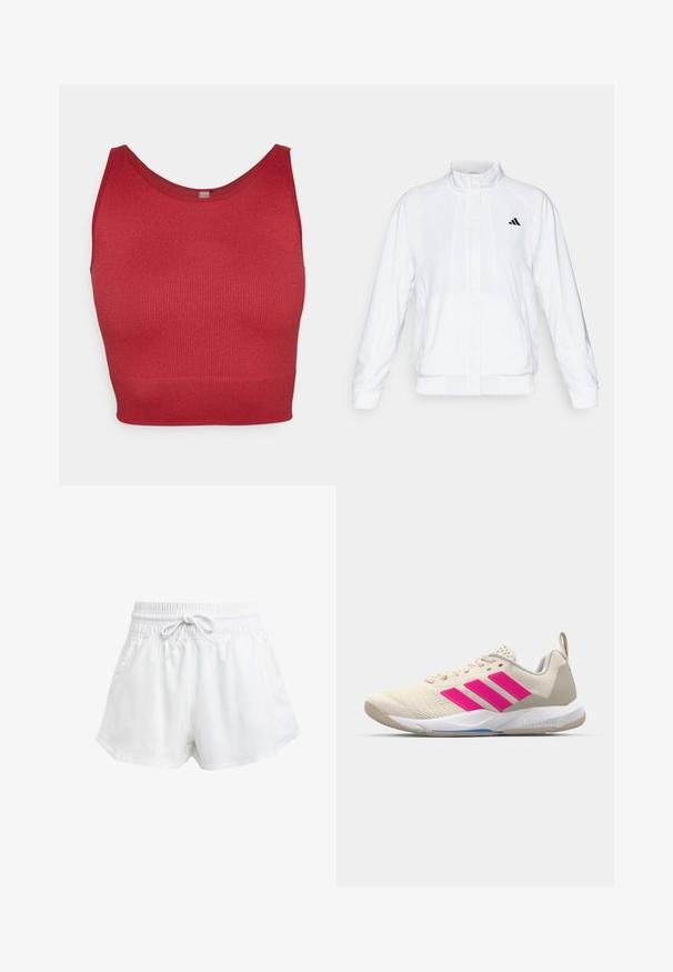 White athletic jacket with a stand-up collar, long sleeves, and a zip front. Features a black logo on the upper left side. Smooth texture.; ONLY Play ONPJAIA LIFE SEAM SHORT - Top - sun-dried tomato; White athletic shorts with an elastic waistband and adjustable drawstring. Made from lightweight material, featuring side pockets and a loose fit.; Beige athletic shoe with pink three-stripe logo, textured mesh upper, padded collar, and white rubber sole, featuring "LIGHTSTRIKE" branding.