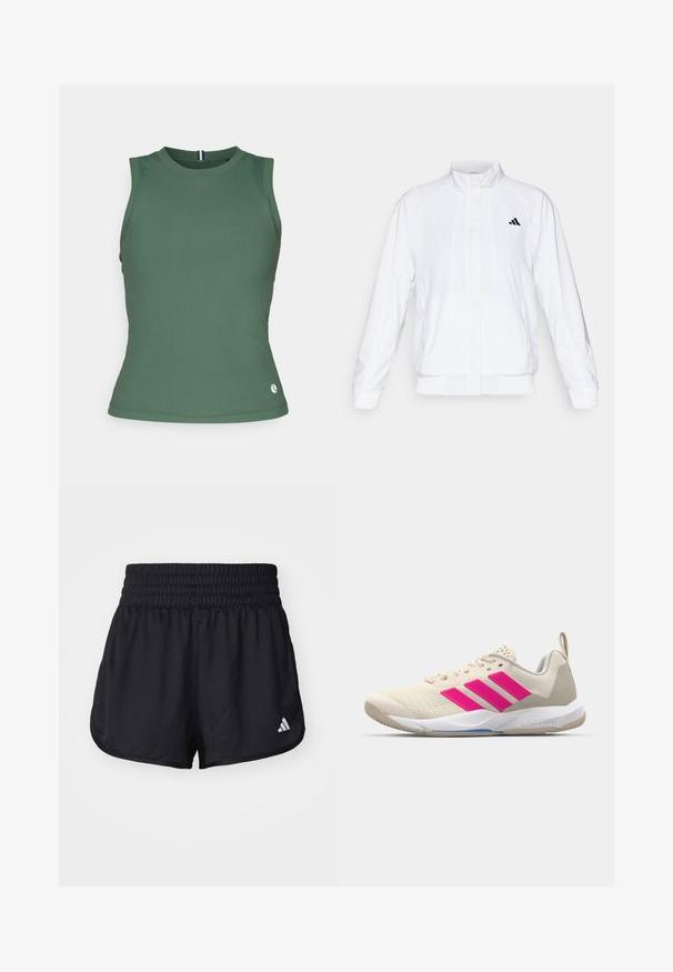 Balta sportinė striukė su aukštu apykakle, ilgomis rankovėmis ir užtrauktuku priekyje. Viršutinėje kairėje pusėje yra juodas logotipas. Lygus audinys.; Björn Borg ACE TANK POCKET - Viršus - cilantro; Juodos sportinės šortai su elastinga, susiraukšlėjusia juosmens dalimi ir balta logotipo detalė apatinėje dešinėje pusėje. Lygi, lengva medžiaga.; Bežiniai sportiniai bateliai su rožinėmis trimis juostomis, tekstūruota tinklelio viršutinė dalis, paminkštinta apykaklė ir balta guma neslystančia padu, turintys "LIGHTSTRIKE" prekės ženklą.
