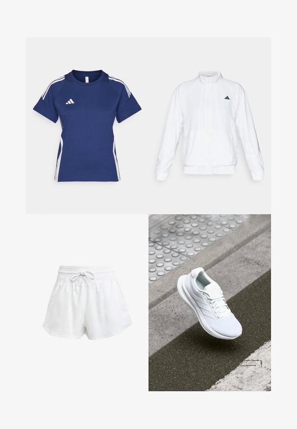 Giacca sportiva bianca con colletto alto, maniche lunghe e zip frontale. Presenta un logo nero nella parte superiore sinistra. Texture liscia.; T-shirt sportivo blu navy con strisce bianche sui lati e logo Adidas sul petto. Maniche corte e collo a giro. Materiale in misto cotone.; Pantaloni sportivi bianchi con cintura elastica e cordino regolabile. Realizzati in materiale leggero, presentano tasche laterali e una vestibilità ampia.; Scarpa sportiva bianca con tomaia in mesh, design con lacci e suola testurizzata. Dettagli di branding sottili e costruzione senza cuciture visibili.