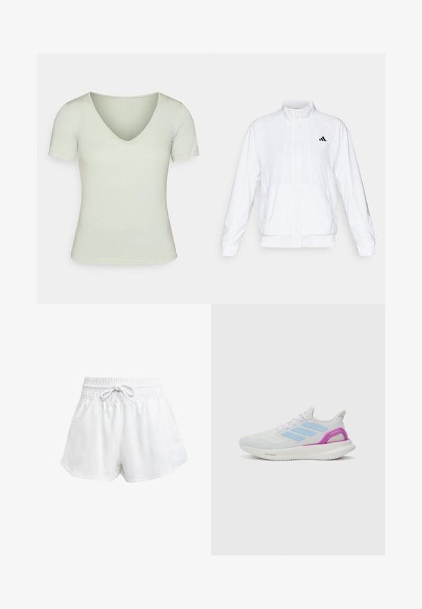 Valge spordijakk, millel on püsti krae, pikad varrukad ja lukuga eesmine osa. Ülemisel vasakul küljel on must logo. Sile tekstuur.; Heled roheline V-kaelusega T-särk lühikeste varrukatega, ülemise disainiga, sile tekstuur ja minimaalsed õmblusdetailid. Pehme, kandmiseks mugav stiil.; Valged spordilühikesed püksid elastse vöökoha ja reguleeritava paelaga. Valmistatud kergest materjalist, küljetaskudega ja lõdva istuvusega.; adidas Performance PUREBOOST 5 - Maanteejooksu jalatsid - white/glow blue/purple burst