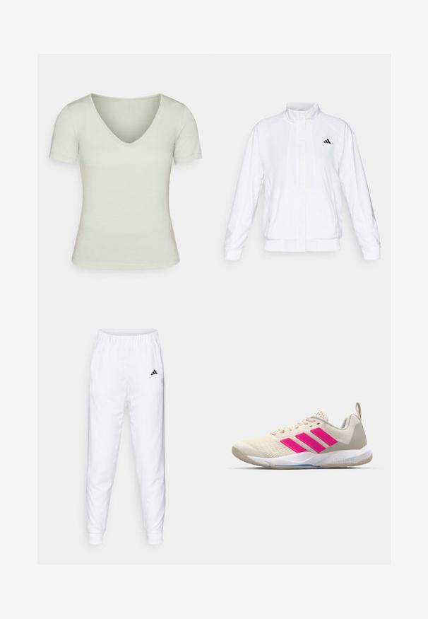 Chaqueta deportiva blanca con cuello alto, mangas largas y cierre de cremallera frontal. Presenta un logo negro en la parte superior izquierda. Textura suave.; Camiseta verde claro de cuello en V con mangas cortas, diseño ajustado, textura suave y detalles de costura mínimos. Estilo suave y casual.; Pantalones deportivos blancos con cintura y puños elásticos. Cuenta con bolsillos laterales y un pequeño logotipo negro en el muslo izquierdo. Acabado de tela suave.; Zapatilla deportiva beige con logo de tres rayas rosa, parte superior de malla texturizada, cuello acolchado y suela de goma blanca, con la marca "LIGHTSTRIKE".