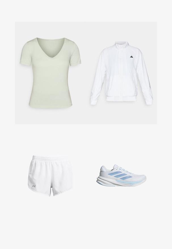 Hvid atletisk jakke med opretstående krave, lange ærmer og lynlås fortil. Har et sort logo på den øverste venstre side. Glat tekstur.; Lys grøn V-hals t-shirt med korte ærmer, tætsiddende design, glat tekstur og minimale syninger. Blød, afslappet stil.; Hvide sportsshort lavet af letvægtsmateriale med elastisk talje, sidelommer og et lille gråt logo på venstre side.; Hvide løbesko med lyseblå accenter, åndbart mesh-overside, tre-stribes design, polstret sål og struktureret trækkraft sål.