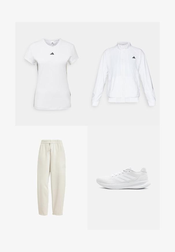 Valge spordijakk, millel on püsti krae, pikad varrukad ja lukuga eesmine osa. Ülemisel vasakul küljel on must logo. Sile tekstuur.; Valge lühikeste varrukatega spordipoloo, millel on must Adidas logo, ümmargune kaelus ja diskreetne külgriie. Sile tekstuur ja standardne lõige.; Kergedbeez värvi dressipüksid, mis on valmistatud pehmest kangast, elastse vöökoha ja nööriotsaga ning külje peal on peen logo aktsent.; Valged spordijalatsid, mis on valmistatud võrkmaterjalist, millel on siledisain, ümmargune varvas, struktureeritud konts ja kolm triipu välisküljel.