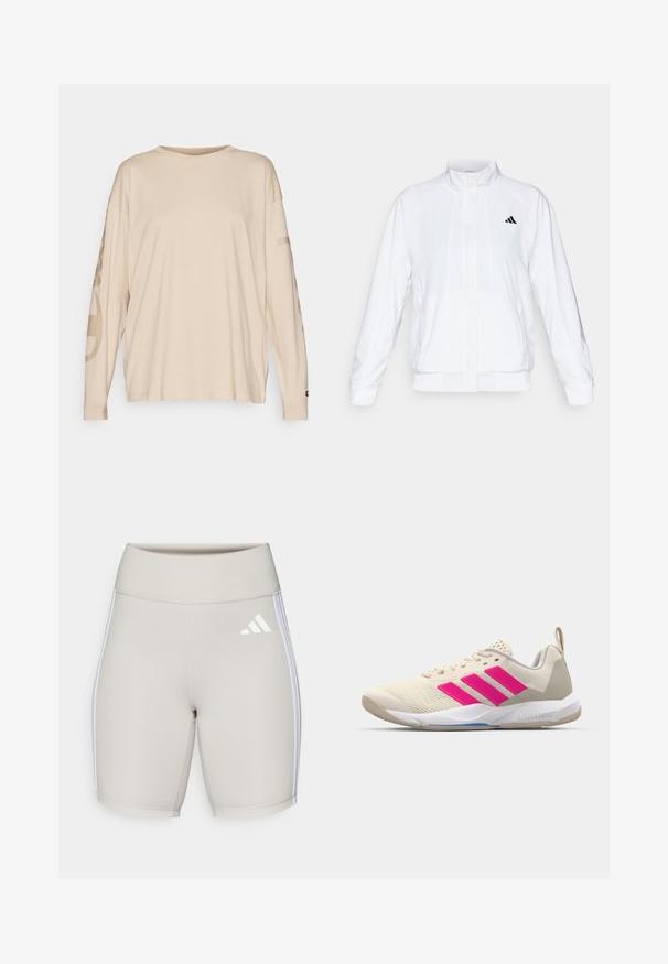 Casaco atlético branco com colarinho alto, mangas longas e fecho à frente com zip. Apresenta um logotipo preto no lado superior esquerdo. Textura suave.; Champion ICONS OVERSIZE LONG SLEEVE - Camisola de manga comprida - beige; Calções atléticos bege com uma cintura alta, textura suave, três riscas brancas nas laterais e um pequeno logotipo branco na parte da frente.; Sapata atlética bege com logotipo de três riscas cor-de-rosa, parte superior em malha texturizada, colarinho acolchoado e sola de borracha branca, apresentando a marca "LIGHTSTRIKE".