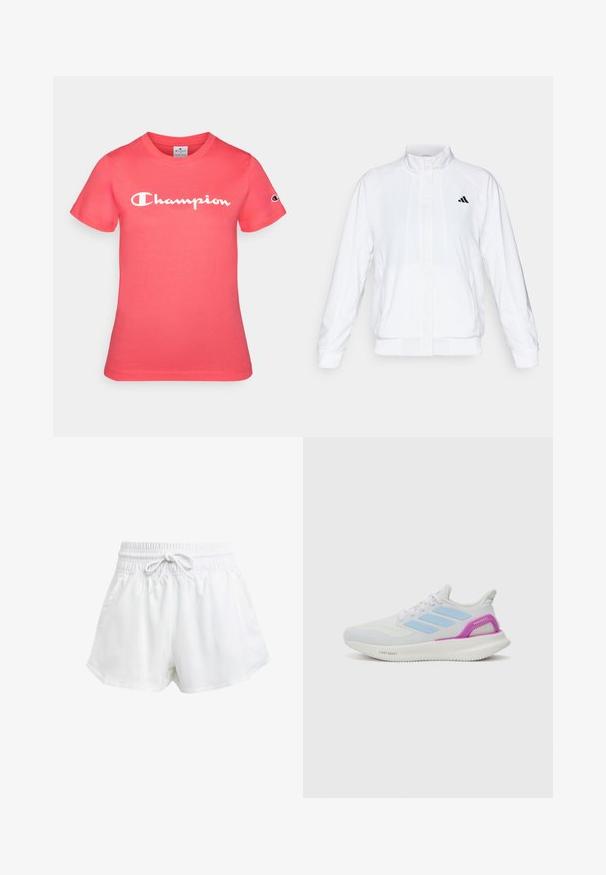 Weiße Sportjacke mit Stehkragen, langen Ärmeln und Reißverschluss vorne. Mit einem schwarzen Logo auf der oberen linken Seite. Glatte Textur.; Kurzarm-T-Shirt in leuchtendem Korallenrot, aus Baumwolle, mit einem weißen "Champion"-Logo über der Brust und einem Emblem auf dem Ärmel.; Weiße Sportschorts mit elastischem Bund und einstellbarem Kordelzug. Hergestellt aus leichtem Material, mit seitlichen Taschen und lockerer Passform.; adidas Performance PUREBOOST 5 - Laufschuh Straße - white/glow blue/purple burst