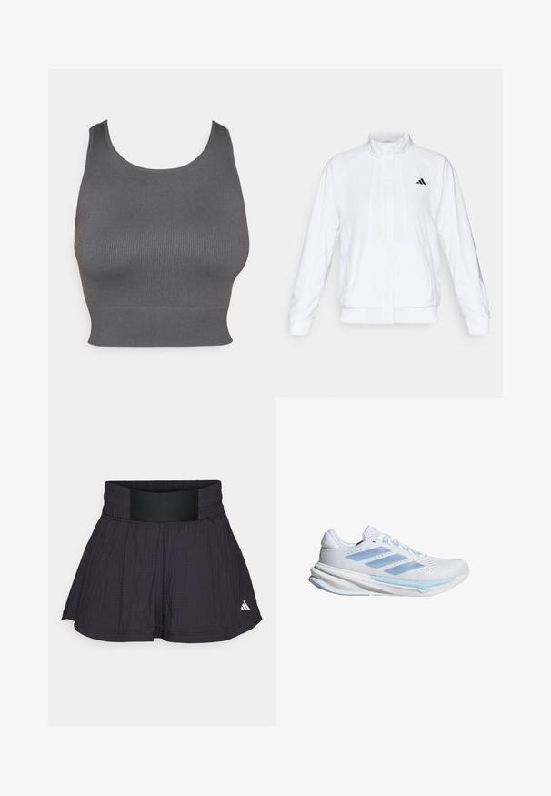 Giacca sportiva bianca con colletto alto, maniche lunghe e zip frontale. Presenta un logo nero nella parte superiore sinistra. Texture liscia.; Top corto grigio a coste con scollo rotondo e banda aderente all'orlo. Realizzato in un tessuto elastico per comfort e libertà di movimento.; adidas Performance TENNIS PRO AEROREADY SEERSUCKER - Pantaloncini sportivi - black; Scarpe da corsa bianche con accenti blu chiaro, tomaia in rete traspirante, design a tre strisce, soletta ammortizzata e suola con trazione testurizzata.