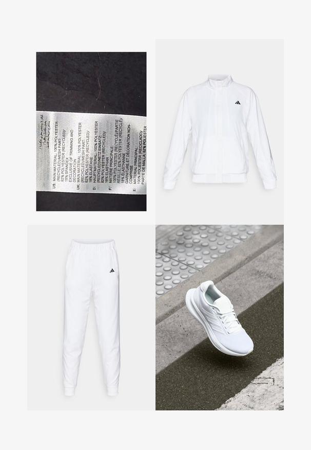 Giacca sportiva bianca con colletto alto, maniche lunghe e zip frontale. Presenta un logo nero nella parte superiore sinistra. Texture liscia.; Etichetta in tessuto bianco con testo nero che dettaglia i materiali: 100% poliestere riciclato, 82% poliestere, 18% elastan; include più lingue.; Pantaloni sportivi bianchi con vita e polsini elastici. Presentano tasche laterali e un piccolo logo nero sulla coscia sinistra. Finitura in tessuto liscia.; Scarpa sportiva bianca con tomaia in mesh, design con lacci e suola testurizzata. Dettagli di branding sottili e costruzione senza cuciture visibili.