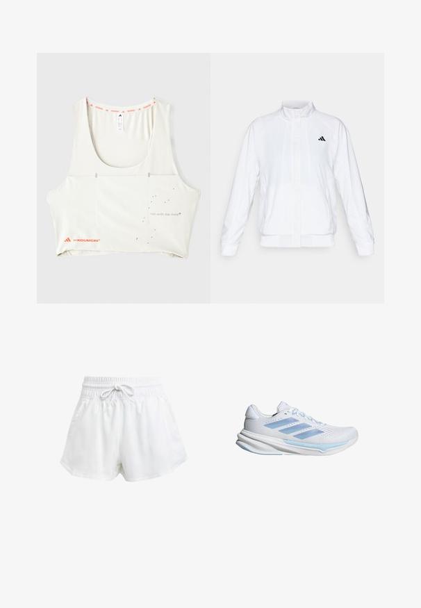 Witte sportieve jack met een opstaande kraag, lange mouwen en een rits aan de voorkant. Heeft een zwart logo op de bovenste linkerzijde. Glad textuur.; Witte sportieve tanktop met een ronde hals, oranje merkaccenten en metallic bedrukte tekst "loop met de geest." Bevat minimalistische ontwerpelementen.; Witte sportieve shorts met een elastische tailleband en verstelbaar trekkoord. Gemaakt van lichtgewicht materiaal, met zijzakken en een losse pasvorm.; Witte hardloopschoenen met lichtblauwe accenten, ademend mesh bovenwerk, drie-stripes ontwerp, gevoerde zool en getextureerde tractiezool.