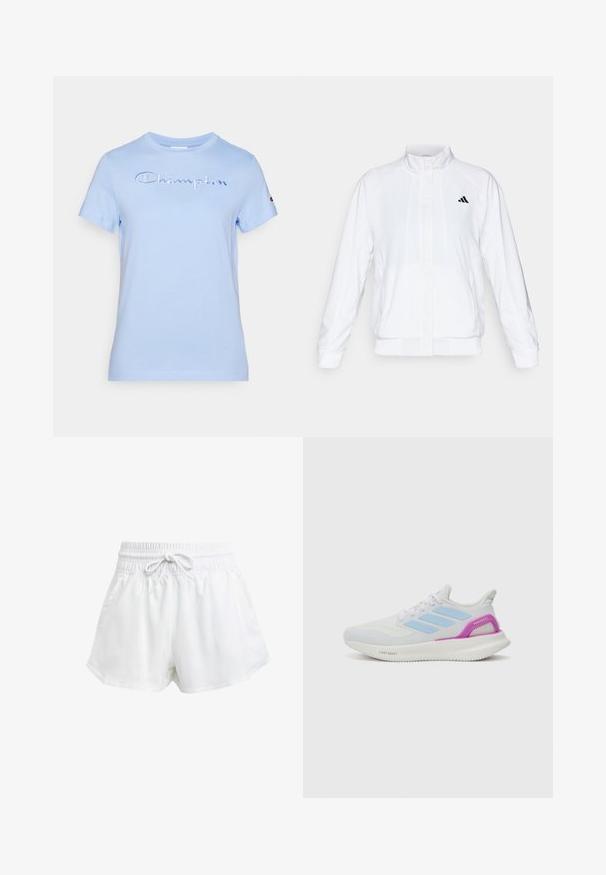 Balta sportinė striukė su aukštu apykakle, ilgomis rankovėmis ir užtrauktuku priekyje. Viršutinėje kairėje pusėje yra juodas logotipas. Lygus audinys.; Šviesiai mėlynas medvilninis T-palaidinė trumpomis rankovėmis, su siuvinėtų „Champion“ logotipu tamsiai mėlynos spalvos krūtinės srityje. Klasikinio apvalaus iškirpimo.; Baltos sportinės šortai su elastinga juostos juosta ir reguliuojama raišteliu. Pagaminti iš lengvo audinio, turi šonines kišenes ir laisvą siluetą.; adidas Performance PUREBOOST 5 - Bėgimo batai plentui - white/glow blue/purple burst
