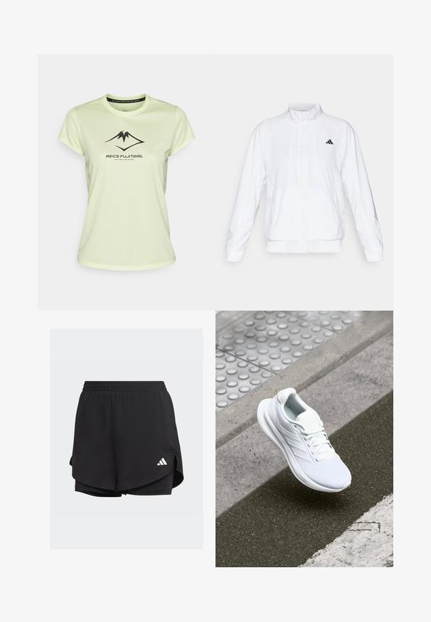 Weiße Sportjacke mit Stehkragen, langen Ärmeln und Reißverschluss vorne. Mit einem schwarzen Logo auf der oberen linken Seite. Glatte Textur.; ASICS FUJITRAIL LOGO TOP - T-Shirt print - cool matcha; Schwarze Sportshorts mit elastischem Bund, geschichteter Optik, inneren enganliegenden Shorts und einem weißen Logo auf der unteren linken Seite.; Weiße Sportschuhe mit einem Obermaterial aus Mesh, Schnürdesign und strukturiertem Sohlen. Dezente Branding- und nahtlose Konstruktionsdetails sichtbar.