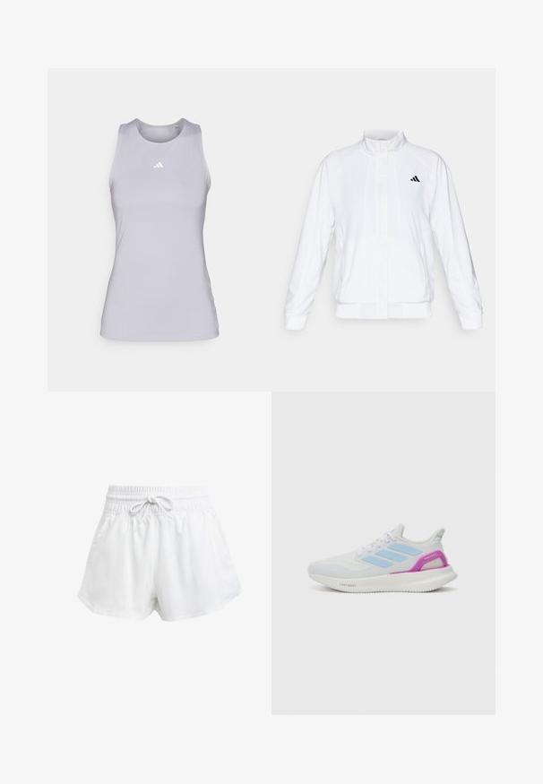 Casaco atlético branco com colarinho alto, mangas longas e fecho à frente com zip. Apresenta um logotipo preto no lado superior esquerdo. Textura suave.; adidas Performance RACERBACK - Top - glory grey; Calções de desporto brancos com um cós elástico e cordão ajustável. Feitos de material leve, apresentam bolsos laterais e um corte largo.; adidas Performance PUREBOOST 5 - Sapatos para corrida em estrada - white/glow blue/purple burst