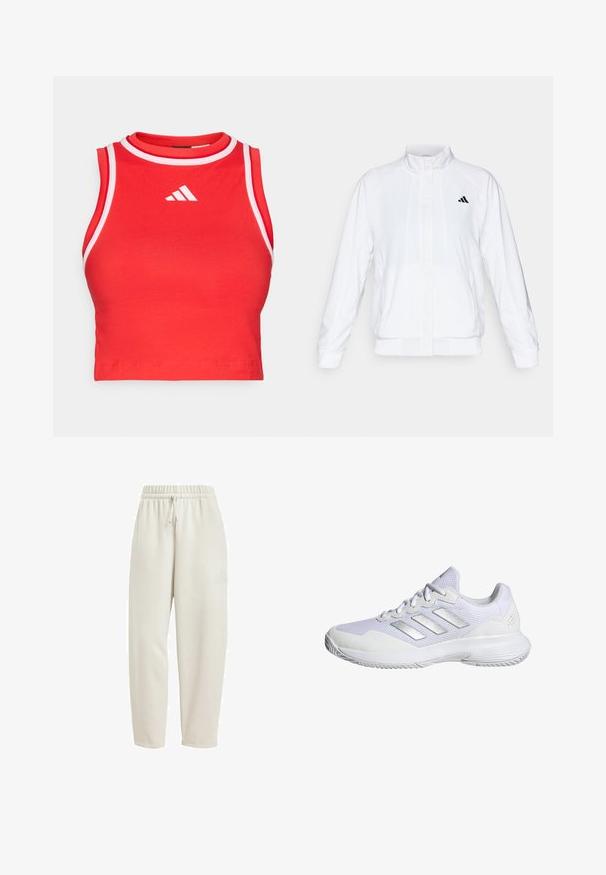 White athletic jacket with a stand-up collar, long sleeves, and a zip front. Features a black logo on the upper left side. Smooth texture.; Red crop top with a round neck, made of stretchy fabric, featuring white trim and an Adidas logo on the front.; Light beige sweatpants made from soft fabric, featuring an elastic waistband with a drawstring and a subtle logo accent on the side.; White athletic shoe with mesh upper, textured panels, and silver accents. Features a cushioned sole and round toe design.