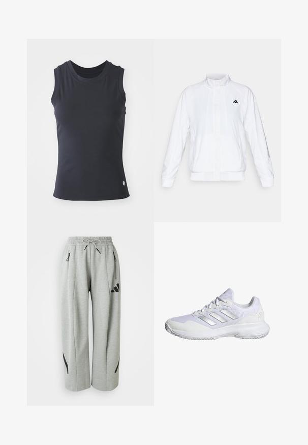 White athletic jacket with a stand-up collar, long sleeves, and a zip front. Features a black logo on the upper left side. Smooth texture.; Dark ribbed sleeveless top with a crew neckline. Smooth texture and a fitted silhouette. Features a small logo accent at the hem.; Light grey sweatpants made of soft fabric featuring an elastic waistband, drawstring, and black accents on pockets and sides.; White athletic shoe with mesh upper, textured panels, and silver accents. Features a cushioned sole and round toe design.