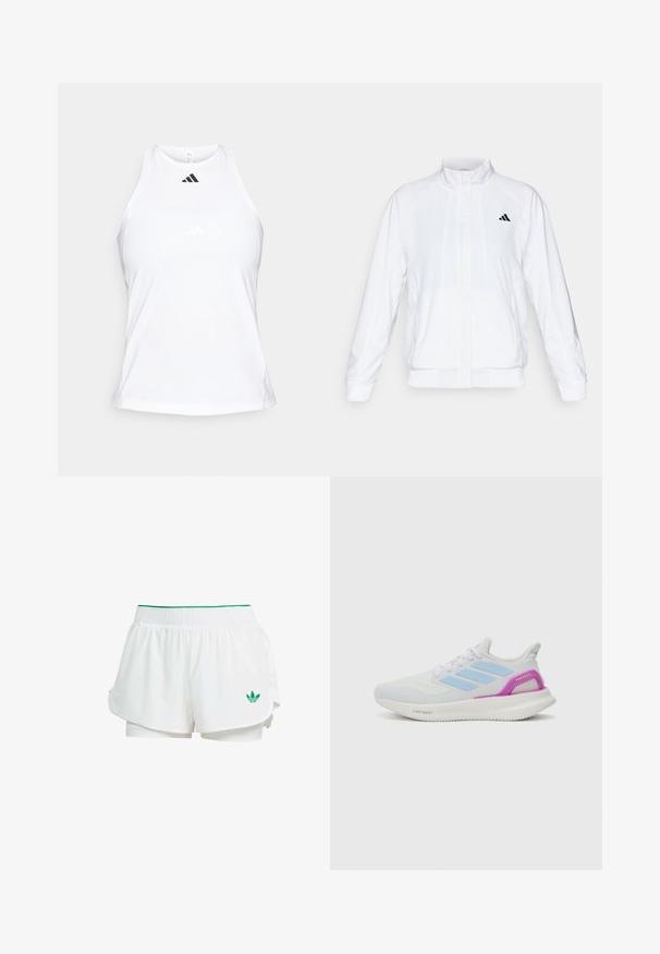 Chaqueta deportiva blanca con cuello alto, mangas largas y cierre de cremallera frontal. Presenta un logo negro en la parte superior izquierda. Textura suave.; adidas Performance CLUB TENNIS TANK - Top - white; Pantalones cortos deportivos blancos con un diseño en capas, cintura elástica, detalles en verde y un pequeño logotipo verde en la parte inferior izquierda.; adidas Performance PUREBOOST 5 - Zapatillas running asfalto - white/glow blue/purple burst