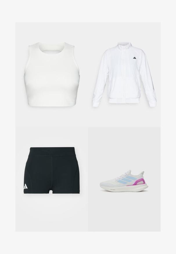 Witte sportieve jack met een opstaande kraag, lange mouwen en een rits aan de voorkant. Heeft een zwart logo op de bovenste linkerzijde. Glad textuur.; Witte mouwloze crop top van gladde stof, met een ronde halslijn en een open rugontwerp, voorzien van nette stiksels langs de randen.; Zwarte sportieve shorts van rekbaar materiaal, met een hoge tailleband, aangesloten pasvorm en een wit Adidas-logo aan de linkerkant.; adidas Performance PUREBOOST 5 - Hardloopschoenen voor op de weg - white/glow blue/purple burst