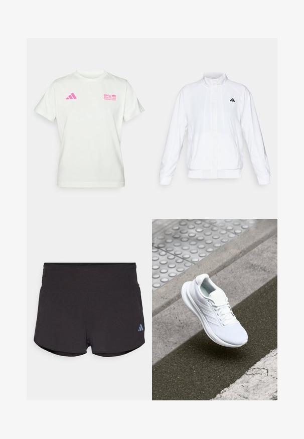 Weiße Sportjacke mit Stehkragen, langen Ärmeln und Reißverschluss vorne. Mit einem schwarzen Logo auf der oberen linken Seite. Glatte Textur.; Weißes T-Shirt mit kurzen Ärmeln und pinkem Adidas-Logo auf der linken Brust sowie dem BMW Berlin Marathon-Logo auf der rechten Brust.; Schwarze Sportshorts mit strukturierter Oberfläche, ausgestattet mit einem breiten Bund und einem Adidas-Logo in Hellblau am unteren linken Rand.; Weiße Sportschuhe mit einem Obermaterial aus Mesh, Schnürdesign und strukturiertem Sohlen. Dezente Branding- und nahtlose Konstruktionsdetails sichtbar.