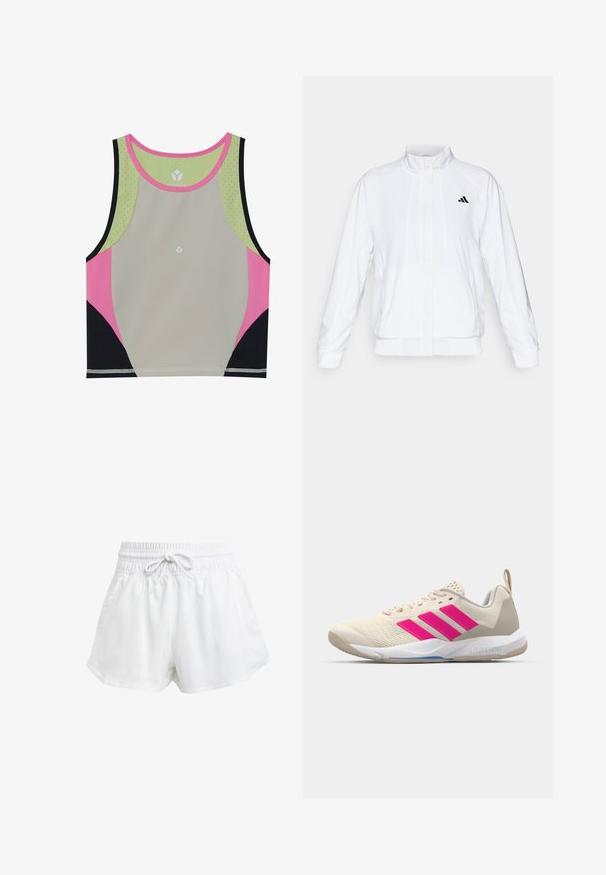 Valge spordijakk, millel on püsti krae, pikad varrukad ja lukuga eesmine osa. Ülemisel vasakul küljel on must logo. Sile tekstuur.; Värviline spordikropitop, millel on heledat halli värvi keha, roosa, must ja roheline aksent ning ümmargune kaelus perforatsiooniga detailidega.; Valged spordilühikesed püksid elastse vöökoha ja reguleeritava paelaga. Valmistatud kergest materjalist, küljetaskudega ja lõdva istuvusega.; Beige spordijalanõud roosa kolme triibu logoga, tekstureeritud võrkkangas peal, polsterdatud sääreosa ja valge kummist tallaga, kus on "LIGHTSTRIKE" bränd.