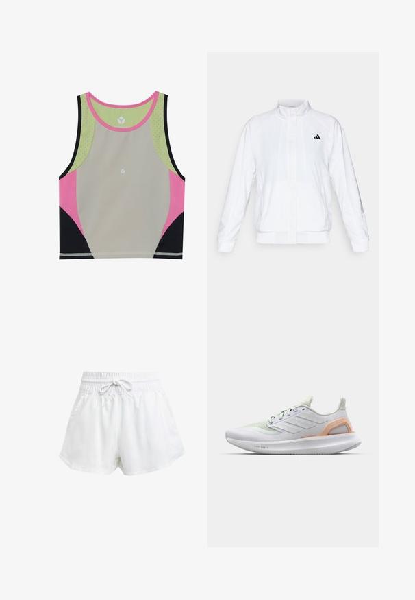 Witte sportieve jack met een opstaande kraag, lange mouwen en een rits aan de voorkant. Heeft een zwart logo op de bovenste linkerzijde. Glad textuur.; Kleurrijke sportcrop top met een lichtgrijze body, accenten in roze, zwart en groen, en een ronde halslijn met geperforeerde details.; Witte sportieve shorts met een elastische tailleband en verstelbaar trekkoord. Gemaakt van lichtgewicht materiaal, met zijzakken en een losse pasvorm.; Witte sportieve schoen met lichtgroene accenten, bovenwerk van mesh, rubberen zool en gestructureerde details. Beschikt over "LIGHT BOOST" branding aan de zijkant.