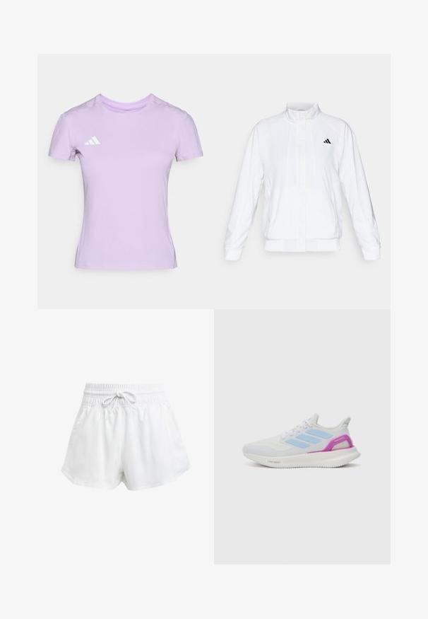 Chaqueta deportiva blanca con cuello alto, mangas largas y cierre de cremallera frontal. Presenta un logo negro en la parte superior izquierda. Textura suave.; Camiseta atlética de color púrpura claro, fabricada con tejido suave, que cuenta con un cuello redondo y mangas cortas, y lleva un logo blanco de Adidas en el lado izquierdo del pecho.; Pantalones cortos deportivos blancos con cintura elástica y cordón ajustable. Hechos de material ligero, cuentan con bolsillos laterales y un corte holgado.; adidas Performance PUREBOOST 5 - Zapatillas running asfalto - white/glow blue/purple burst