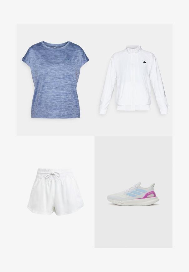 Fehér sportdzseki álló gallérral, hosszú ujjal és cipzáros elülső résszel. A bal felső oldalon fekete logó található. Simább textúrája van.; ONLY Play ONPAUB-CORE LIFE ON SS LOOSE BAT TEE - Sportfelső - vintage indigo; Fehér sportcipőnadrág rugalmas derékrésszel és állítható húzózsinórral. Könnyű anyagból készült, oldalzsebekkel rendelkezik és laza szabású.; adidas Performance PUREBOOST 5 - Utcai futócipők - white/glow blue/purple burst