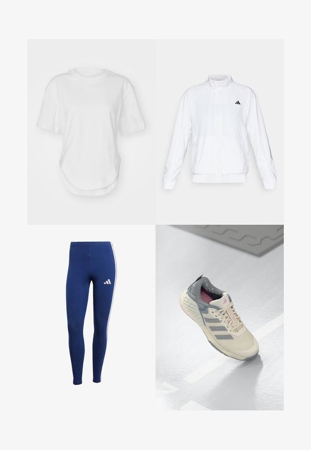 Valge spordijakk, millel on püsti krae, pikad varrukad ja lukuga eesmine osa. Ülemisel vasakul küljel on must logo. Sile tekstuur.; Valge puuvillane T-särk, millel on ümar kaelus, lühikesed varrukad ja kaardus ääreline. Sile tekstuur, ilma mustrite või aksessuaarideta.; Tumed sinised retuusid valgete külgtriipudega ja brändi logo alumisel jalal. Valmistatud venivast materjalist mugavuse ja liikumise tagamiseks.; Beez atletik kingad hallide aktsentidega, võrkkattega ja tekstureeritud tallaga. Omab kolme halli triipu ja roosa sisekujundusega detaile.