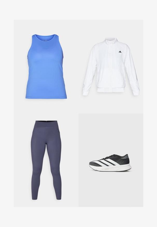 Valge spordijakk, millel on püsti krae, pikad varrukad ja lukuga eesmine osa. Ülemisel vasakul küljel on must logo. Sile tekstuur.; Sinine sportlik tank top sileda tekstuuriga, ümmarguse kaelusega ja veidi kehasse lõigatud vormiga. Ees on diskreetne logo.; Kõrge vöökohtadega retuusid tükiks tumedas hallis värvitoonis. Valmistatud venivast kangast, millel on lamedad õmblused ja sobiv, kitsenev jaladisain.; Mustvalge sportlik king, millel on valged triibud, võrgusilmast ülemine osa, pehmendusega tald ja voolujooneline disain. Hallid aktsendid kandadel ja keelega.