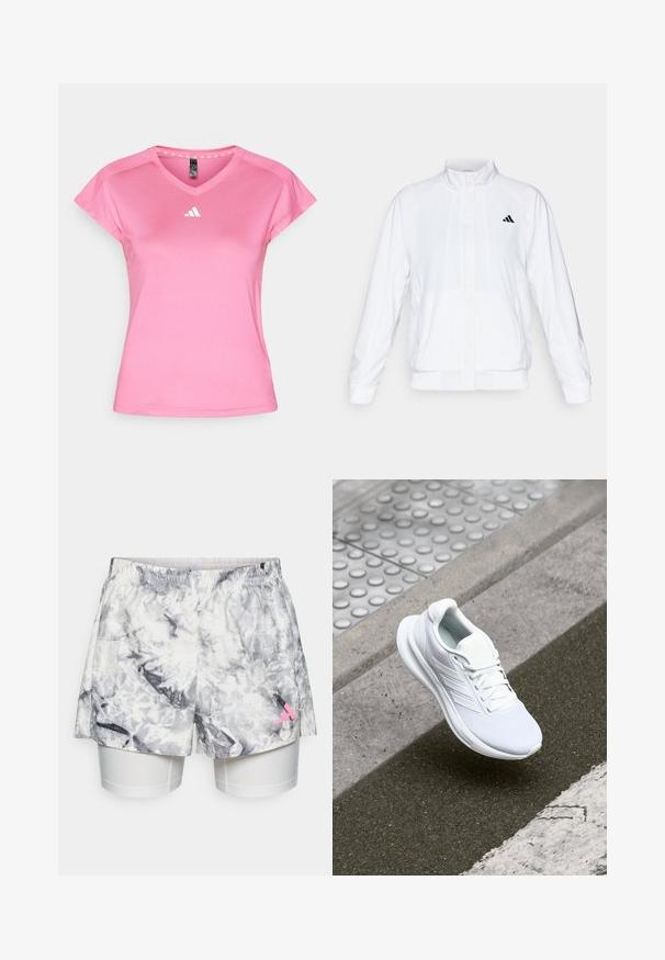 Vit idrottsjacka med ståkrage, långa ärmar och dragkedja fram. Innehåller en svart logotyp på övre vänstra sidan. Slät textur.; Rosa träningsshort-sleeve topp med V-hals, tillverkad av lätt syntetiskt material. Har en vit logotyp på bröstet och mönstrad halsringning.; Shorts med ett grått och vitt abstrakt mönster, med elastisk midja, inre foder och en rosa logotypaccent på sidan.; Vitaid idrottssko med mesh-överdel, snörning och texturerad sula. Diskret branding och sömlösa konstruktionsdetaljer synliga.