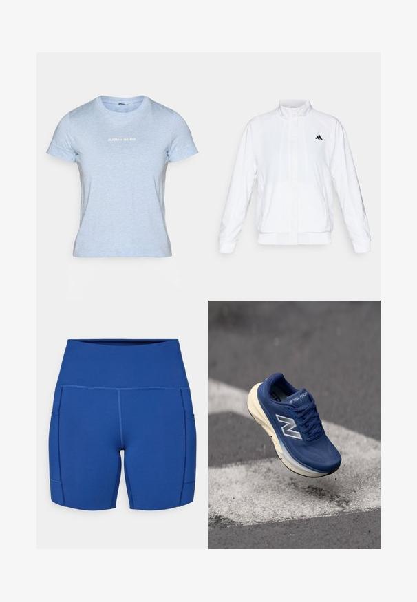 Casaco atlético branco com colarinho alto, mangas longas e fecho à frente com zip. Apresenta um logotipo preto no lado superior esquerdo. Textura suave.; T-shirt de manga curta azul claro, feita de material suave, com o texto "BJÖRN BORG" impresso em branco no peito. Design clássico com decote redondo.; New Balance SLEEK POCKET HIGH RISE SHORT  - Calções de corrida - galaxy blue; Sapatilha de corrida azul com parte superior de malha, solado acolchoado e detalhes de costura visíveis. Apresenta uma entressola de cor clara e uma sola preta.