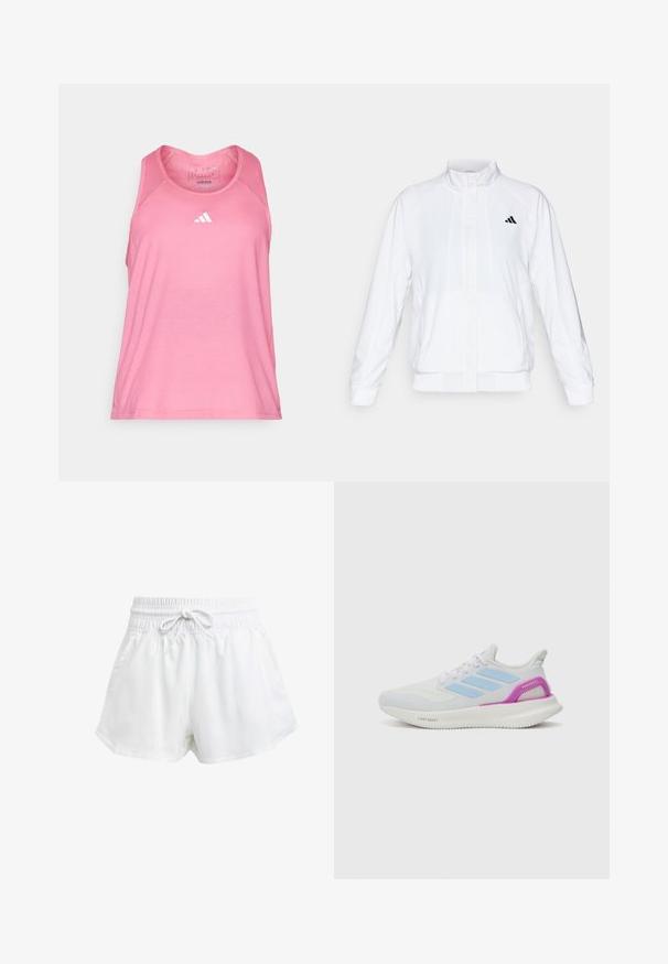 Veste de sport blanche avec un col montant, des manches longues et une fermeture éclair sur le devant. Présente un logo noir sur le côté supérieur gauche. Texture lisse.; Débardeur de sport sans manches rose avec un col rond, fabriqué en matériau léger, arborant un petit logo Adidas blanc à l'avant.; Shorts de sport blancs avec une taille élastique et un cordon de serrage réglable. Fabriqués en matériau léger, ils sont dotés de poches latérales et d'une coupe ample.; adidas Performance PUREBOOST 5 - Chaussures de running sur route - white/glow blue/purple burst