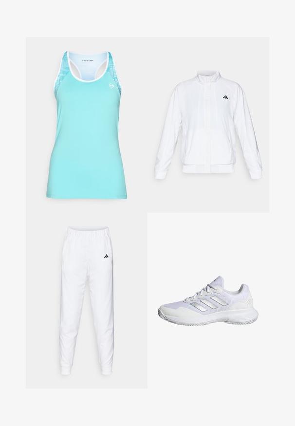 Hvid atletisk jakke med opretstående krave, lange ærmer og lynlås fortil. Har et sort logo på den øverste venstre side. Glat tekstur.; Turkis atletisk tanktop med racerback-design, hvid trim og et mønstrede accent på skuldrene for forbedret åndbarhed.; Hvide atletiske bukser med elastisk talje og manchetter. Har sidelommer og et lille sort logo på venstre lår. Glat stoffinish.; Hvide sportsko med mesh-overdel, teksturerede paneler og sølvdetaljer. Har en polstret sål og rund tådesign.
