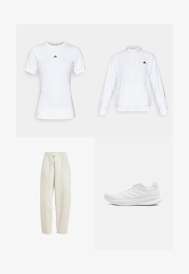 Fehér sportdzseki álló gallérral, hosszú ujjal és cipzáros elülső résszel. A bal felső oldalon fekete logó található. Simább textúrája van.; Fehér sportpóló, rövid ujjú, sima, rugalmas anyagból készült. Kicsi fekete Adidas logó található a mellkasán.; Világos bézs szabadidőnadrág puha anyagból, rugalmas derékpánttal és húzózsinórral, valamint finom logó részlettel az oldalon.; Fehér sportcipők hálós anyagból, letisztult dizájnnal, kerek orral, struktúrált sarkal és három csíkkal a külső oldalon.