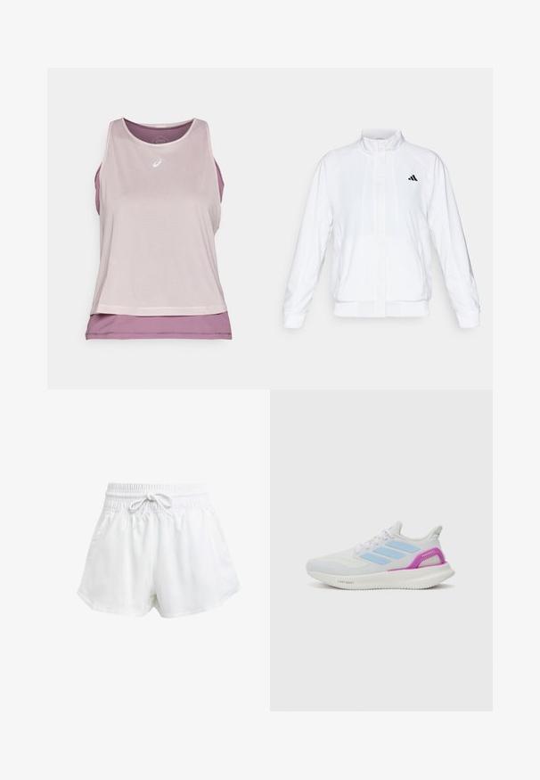 Jachetă sport albă cu guler înalt, mâneci lungi și închidere cu fermoar. Prezintă un logo negru în partea stângă sus. Textură netedă.; ASICS NAGINO RUN TANK - Top - watershed rose/dusty mauve; Shorts albi sportivi cu talie elastică și șnur ajustabil. Fabricate dintr-un material ușor, cu buzunare laterale și o croială largă.; adidas Performance PUREBOOST 5 - Pantofi de alergare pe asfalt - white/glow blue/purple burst