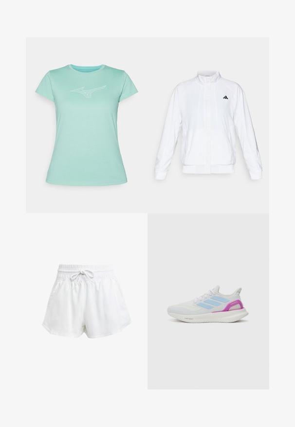 Bílá sportovní bunda se stojáčkem, dlouhými rukávy a zipem vpředu. Obsahuje černé logo na horní levé straně. Hladká textura.; Mátově zelené tričko vyrobené z jemné bavlny. Má kulatý výstřih a krátké rukávy, s bílým logem potištěným na prsou.; Bílé sportovní kraťasy s elastickým pasem a nastavitelnou šňůrkou. Vyrobené z lehkého materiálu, s bočními kapsami a volným střihem.; adidas Performance PUREBOOST 5 - Silniční běžecké boty - white/glow blue/purple burst