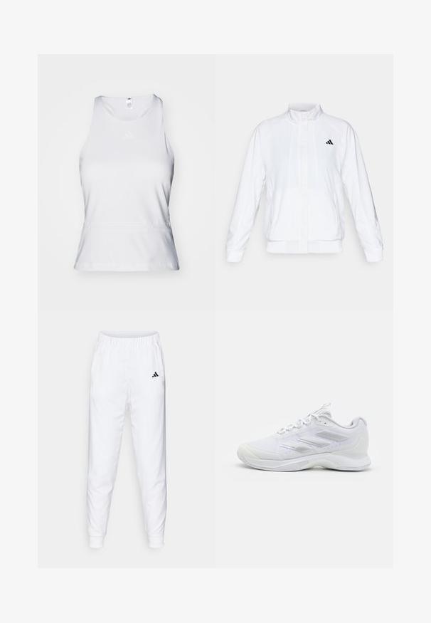 Bijela atletska jakna s uzdignutim ovratnikom, dugim rukavima i patentnim zatvaračem sprijeda. Ima crni logo na gornjem lijevom dijelu. Glatka tekstura.; Bijela atletska majica bez rukava s okruglim izrezom, glatkom teksturom i suptilnim toniranim logotipom na prsima. Ravna donja obruba na struku.; Bijele atletske hlače s elastičnim pojasom i rubovima. Imaju bočne džepove i mali crni logotip na lijevom bedru. Glatka tkanina.; Bijela sportska tenisica s mrežastim gornjim dijelom, tri teksturirane pruge sa strane, zatvaranje na vezanje i podnožje s amortizacijom za sport ili svakodnevno nošenje.