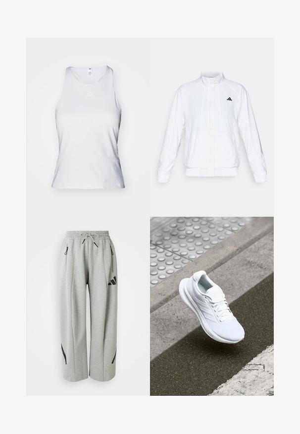 Balta sportinė striukė su aukštu apykakle, ilgomis rankovėmis ir užtrauktuku priekyje. Viršutinėje kairėje pusėje yra juodas logotipas. Lygus audinys.; Balta be rankovių sportinė marškinėlių viršutinė dalis su apvaliu iškirpimu, lygiu paviršiumi ir subtiliu toniniu logotipu krūtinėje. Tiesus hemline ties juosmeniu.; Šviesiai pilkos sportinės kelnės, pagamintos iš minkštos medžiagos, turi elastingą juosmenį, raištį ir juodus akcentus ant kišenių ir šonų.; Baltas sportinis batelis su tinklinio audiniu, raišteliais ir tekstūruotu padu. Diskretiška prekės ženklų simbolika ir be siūlių konstrukcijos detalės matomos.