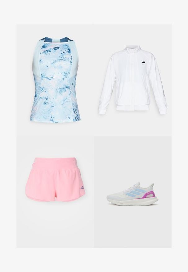 Bela atletska jakna s visokim ovratnikom, dolgimi rokavi in zadrgo spredaj. Ima črni logotip na zgornji levi strani. Gladka tekstura.; Brezzni športni zgornji del v svetlo modri barvi z teksturiranim, abstraktnim vzorcem. Ima okroglo ovratnico in logotip na sredini.; adidas Performance ADIZERO GEL - Športne kratke hlače - semi pink spark; adidas Performance PUREBOOST 5 - Tekaški copati za cesto - white/glow blue/purple burst