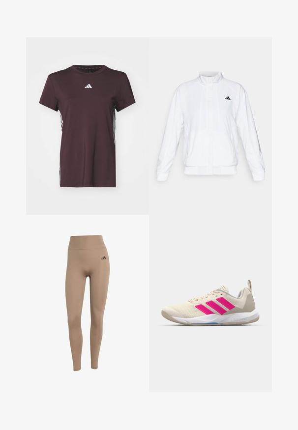 Biela športová bunda so stojatým golierom, dlhými rukávmi a zipsom vpredu. Obsahuje čierne logo na hornej ľavej strane. Hladká textúra.; adidas Performance Športové tričko - shadow brown/white; Bežové legíny s vysokým pásom vyrobené z elastického materiálu, s priliehavým strihom a čiernym logom na ľavom boku.; Béžová atletická obuv s ružovým logom trojpruhov, textúrovaný sieťový zvršok, polstrovaný golier a biela gumová podrážka s označením "LIGHTSTRIKE".