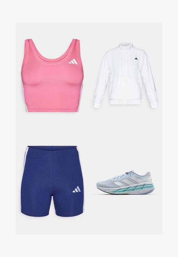 Bijela atletska jakna s uzdignutim ovratnikom, dugim rukavima i patentnim zatvaračem sprijeda. Ima crni logo na gornjem lijevom dijelu. Glatka tekstura.; Roza sportska cropped majica izrađena od rastezljivog materijala, sa okruglim izrezom i bijelim logotipom sa lijeve strane.; Mornarske atletske kratke hlače od rastezljivog materijala s bijelim bočnim prugama i reflektirajućim Adidas logotipom na lijevoj nozi.; Svijetloplave atletske tenisice s teksturiranim pletenim gornjištem, bijelim detaljima i prozirnom zelenom potplatnom jedinicom. Zaobljen nos i podstavljeni ovratnik.