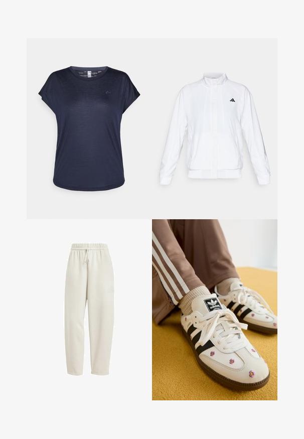 White athletic jacket with a stand-up collar, long sleeves, and a zip front. Features a black logo on the upper left side. Smooth texture.; Navy blue short-sleeve t-shirt made of lightweight fabric, featuring a round neckline and subtle logo detail on the chest.; Light beige sweatpants made from soft fabric, featuring an elastic waistband with a drawstring and a subtle logo accent on the side.; White leather sneakers with three black stripes and floral embroidery in purple and yellow. Brown rubber sole. Paired with beige ribbed socks.